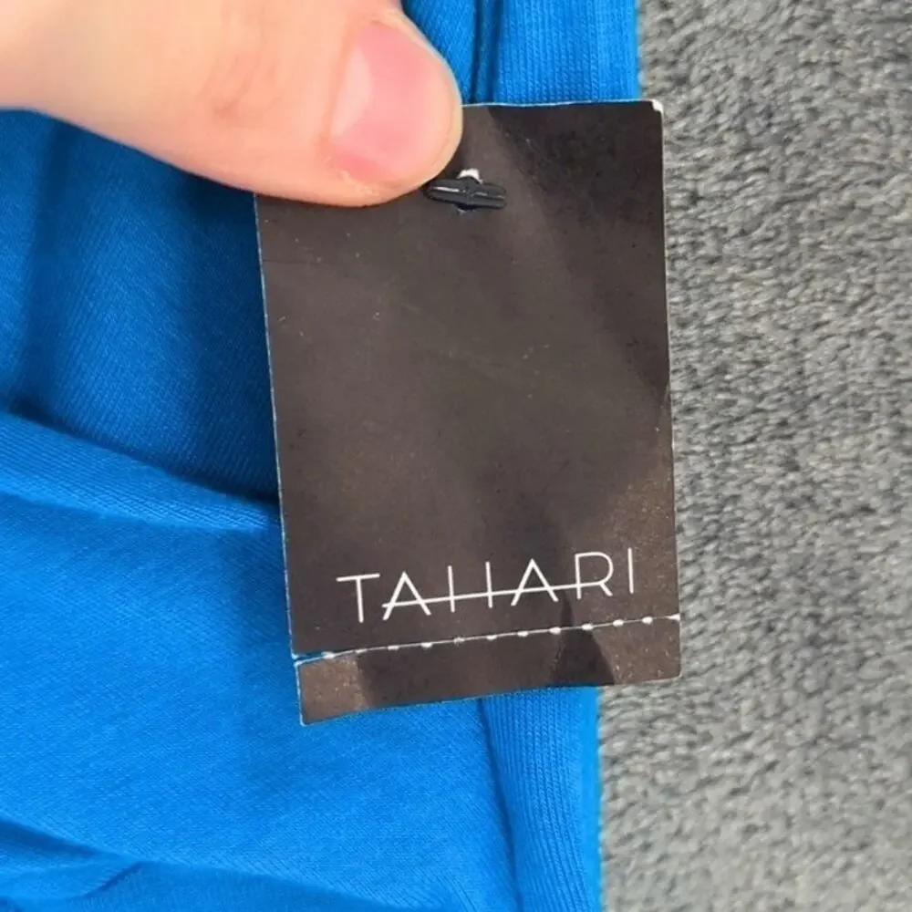 Tahari Hava Dress Large Blue Resort Coastal Faux Wrap Beach Vacation Stretchy